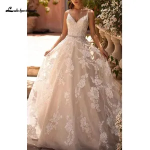 Roycebridal Sexy V Neck Spaghetti Strap Backless A-Line Wedding Dress